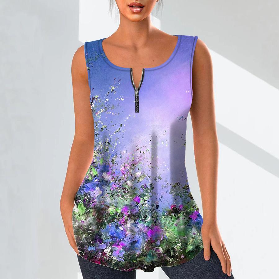 Cămăși cu decolteu în V de modă pentru femei Topuri ocazionale Tricou pentru damă, cu flori redate în 3D, vestă cu imprimeu, bluză de dimensiuni mari, fără mâneci, maiuri