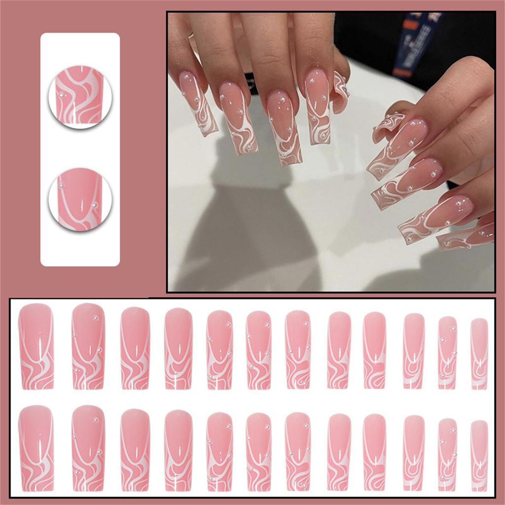 French Style False Nails with Pearl and Lines Design for Women, Removable and Comfortable Long Fake Nail Tips