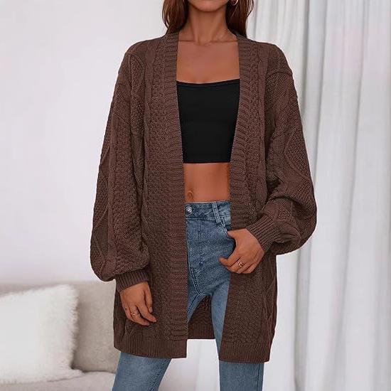 2025 Spring and Autumn New Coarse Needle Twist Knitted Cardigan Women's Medium and Long Solid Color Casual Loose Jacket Cardigan
