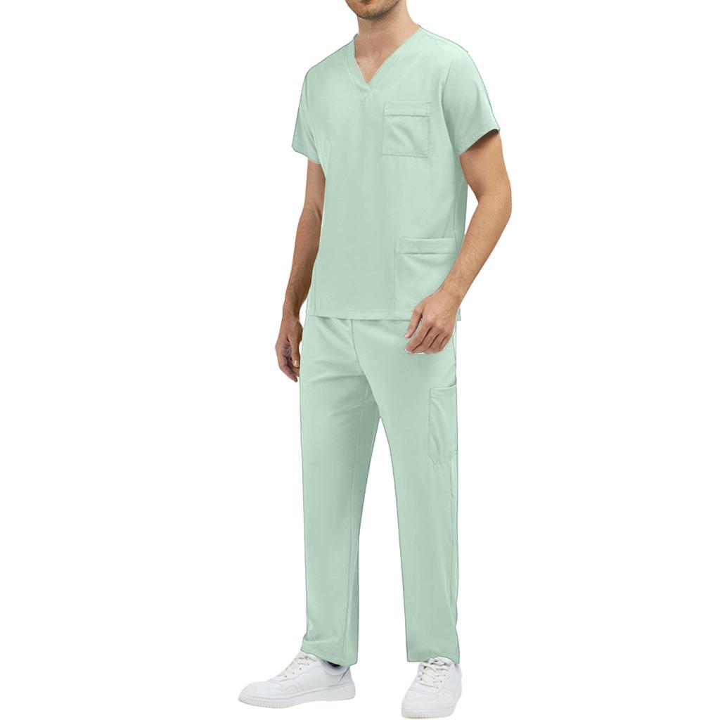 Men’s V Neck Short Sleeve Scrub Set Two Piece Uniform with Chest Pocket and Straight Leg Pants for Medical Work