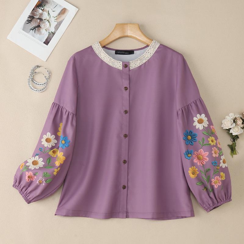 

ZANZEA Женская повседневная блузка с круглым вырезом, свободного кроя, с цветочным принтом, с длинным рукавом 4XL кларет