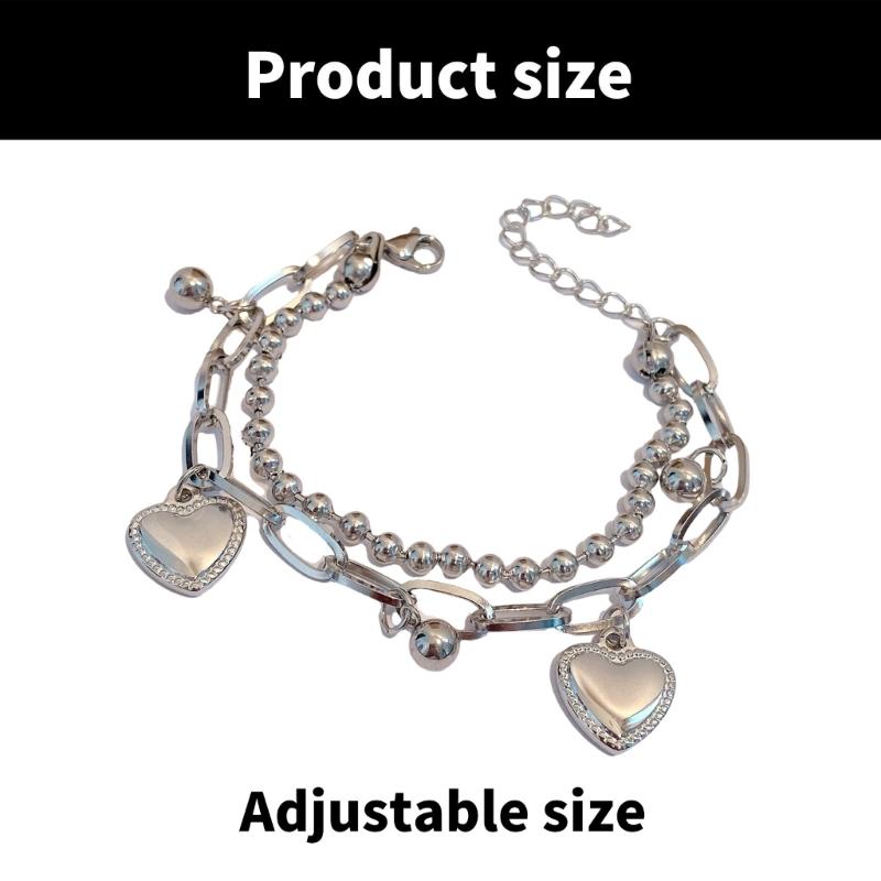 Korean Styles Double Layer Heart Tassels Bracelet Sturdy Alloy Beaded Bangle for Women Hiphop Fashion Jewelry Gift