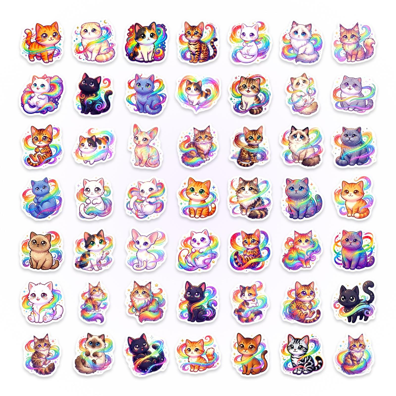 

50/100Pcs Gradient Rainbow Cat Cartoon Stickers, Thick Waterproof DIY for Student Stationery Box Diary Pen Holder Desk Scrapbook