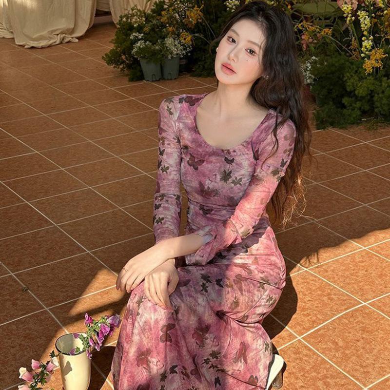 Spice Girl Temperament Mesh Square Neck Long Sleeve Dress Women's Autumn Pure Desire Wind Slim and Skinny Split Hip Wrap Long Dress