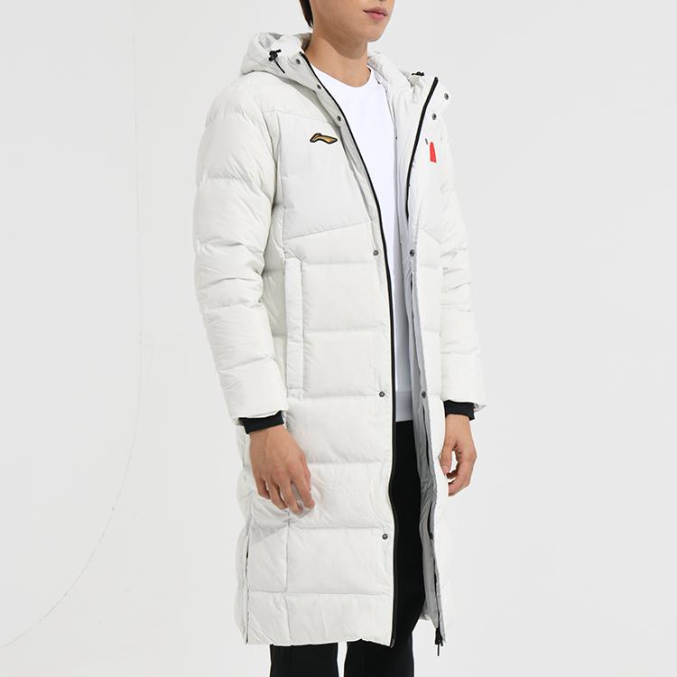 Li Ning Table Tennis Series Solid Color Long Hooded Long Sleeve Down Jacket Unisex Outerwear Water-Gray AYMS185-1