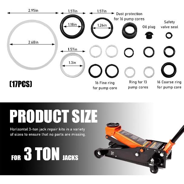 17PCS Floor Jack Seal Kit, 3 Ton Horizontal Hydraulic Jack O-Ring Seal with Oil Filler Plug, Complete Repair Set Rubber Sealing Rings Replacement