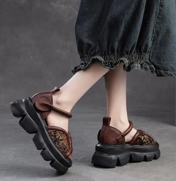 Fashion 7CM Stretch Fabric Women Sandals Cow Genuine Leather Platform Flats Chunky Sneakers Elastic Moccasins 2025 Fashion Natural Shoes