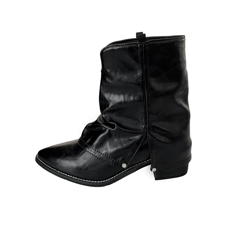 Fashion Women's Mid-calf Boots Pointed Toe Leather Boot Retro Short Leg Pants Tube Boots Classic Canvas Cowboy Boot Womens Fashion Boots
