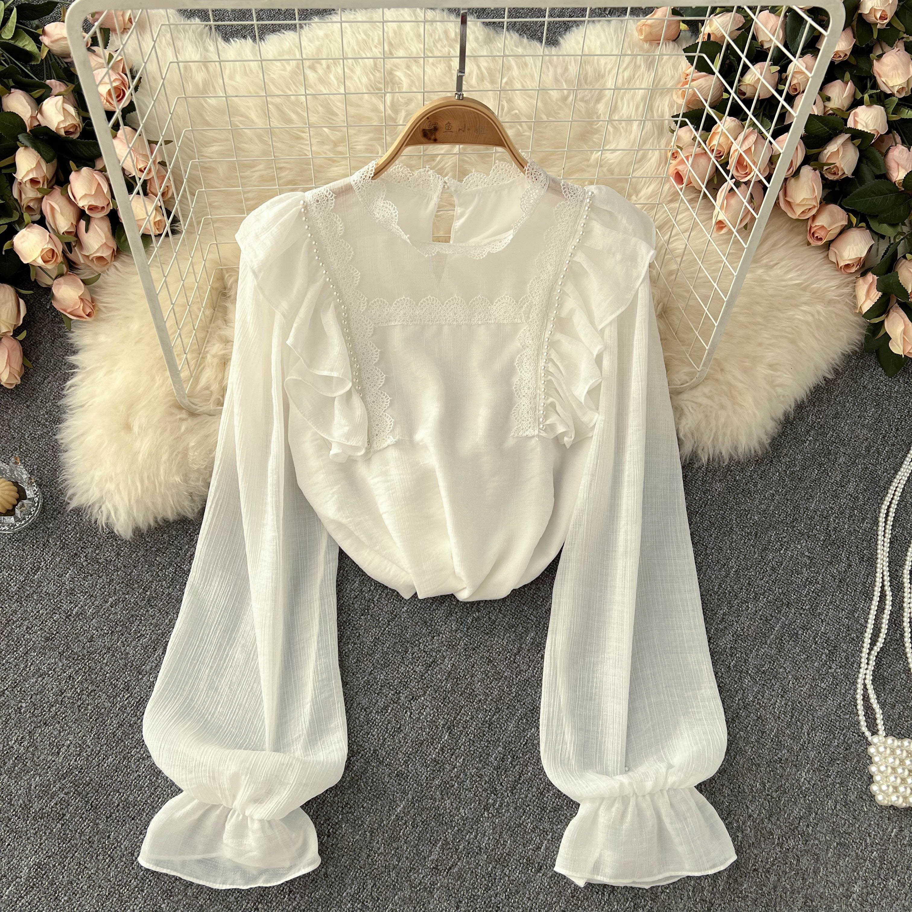 

Милая кружевная облегающая шифоновая рубашка с рукавами-пузырьками в иностранном стиле и оборками из бисера, женское весеннее пальто