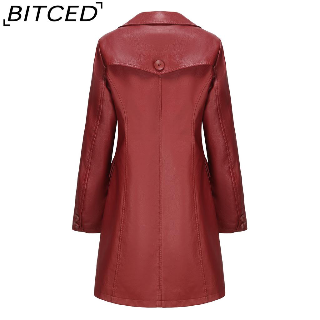 BITCED Long-Length Leather Coat Spring/Autumn Long-Sleeved Leather Trench Coat Stylish British-Style Outerwear Polo Neck Single-Breasted