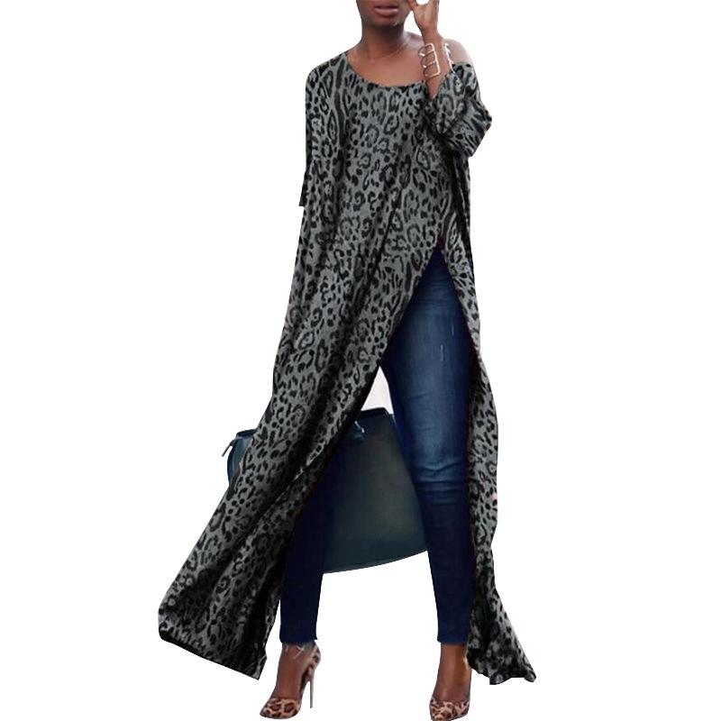 

Женское платье-халат макси с рукавами семь восьмых и разрезами по бокам XL леопардовый/серый