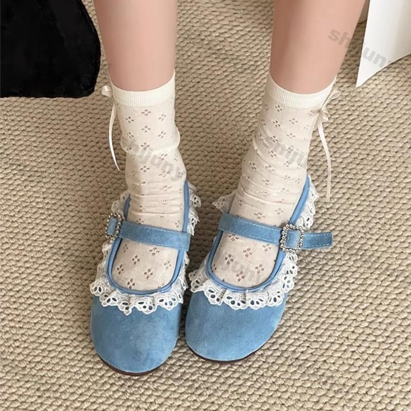 Women Shoes 2025 Summer New Fashion Round Toe Lace Women Half Drag Shoes Vintage Comfort Soft Sole Lightweight Mary Jane Flats