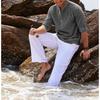Men Light Blue White Striped Textured Henley Shirt Stand Collar Roll Up Sleeve Casual Top