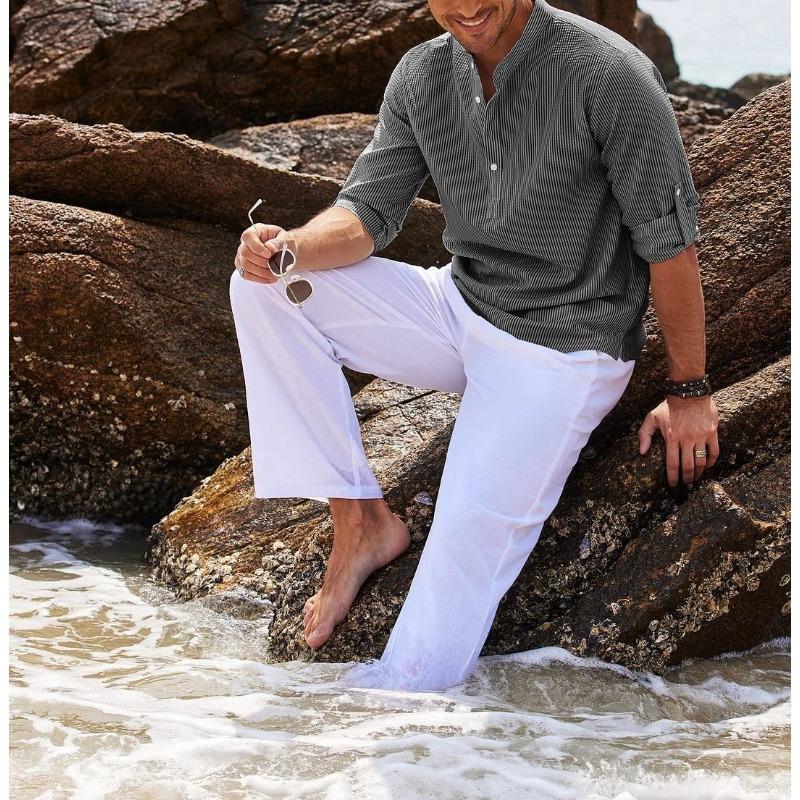 Men Light Blue White Striped Textured Henley Shirt Stand Collar Roll Up Sleeve Casual Top