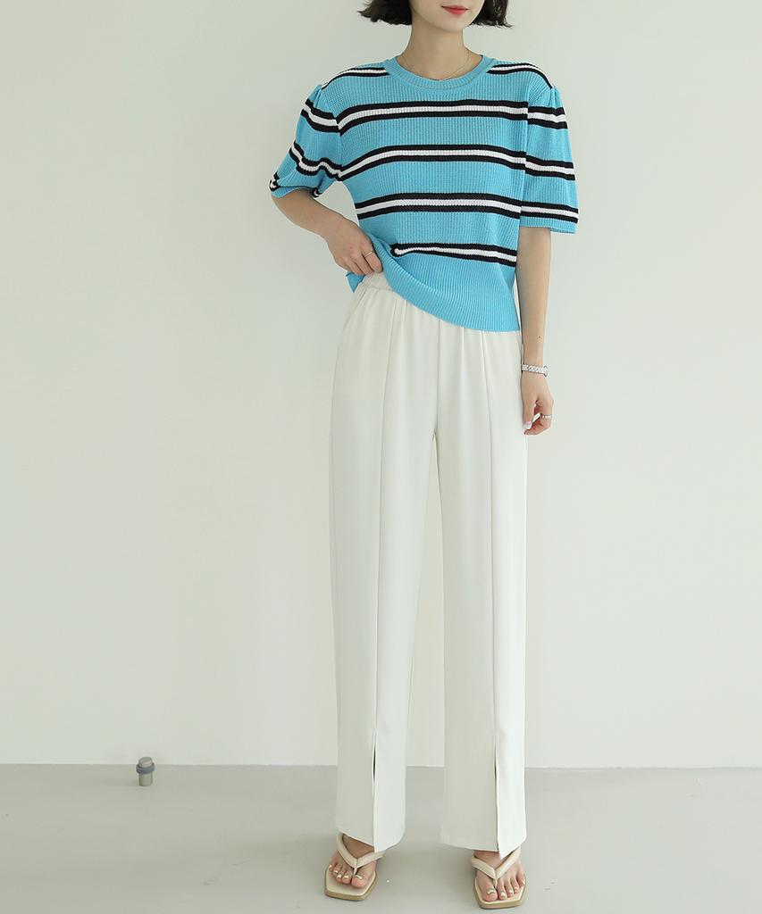 Ppaeppae Elastic Waist Slip Line Front Slit Stretch Long Straight Pants