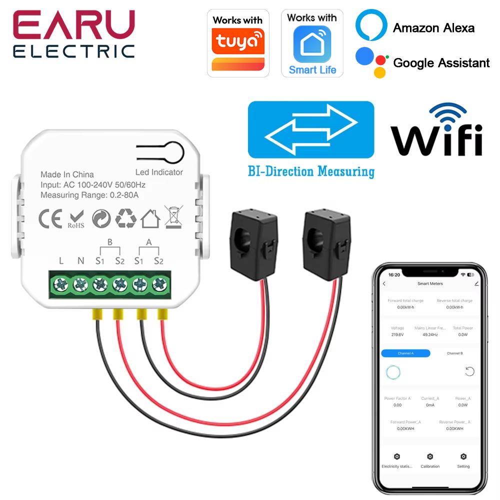 Tuya Smart WiFi Energy Meter with 1/2 CT Clamps for Solar PV System Power Production Consumption Bidirectional Monitoring Meter