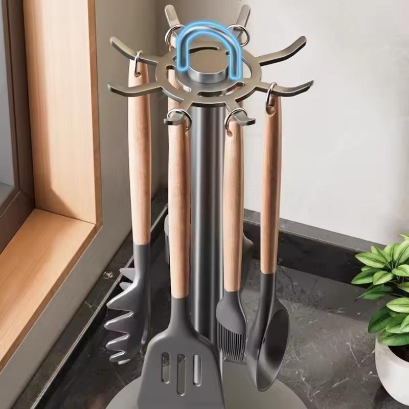 360° Rotating Kitchen Utensil Stand with 8 Hooks Countertop Cooking Utensils Storage Organizer Space-Saving Storage for Kitchen