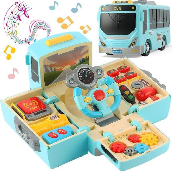 Игрушечный школьный автобус HONGTUO со звуком и светом, имитация руля, школьный автобус для малышей с музыкальным образованием, подарок для мальчиков и девочек 1-3-5 лет Blue Bus Toy