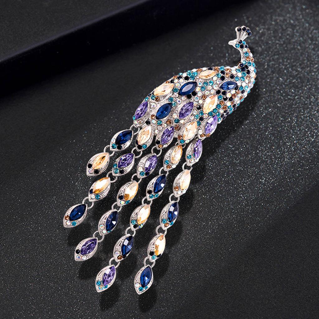 Elegant Long Tail Crystal Peacock Brooch Party Jewelry Elegant Corsage Pin Alloy Texture Perfect for Wedding and Evening