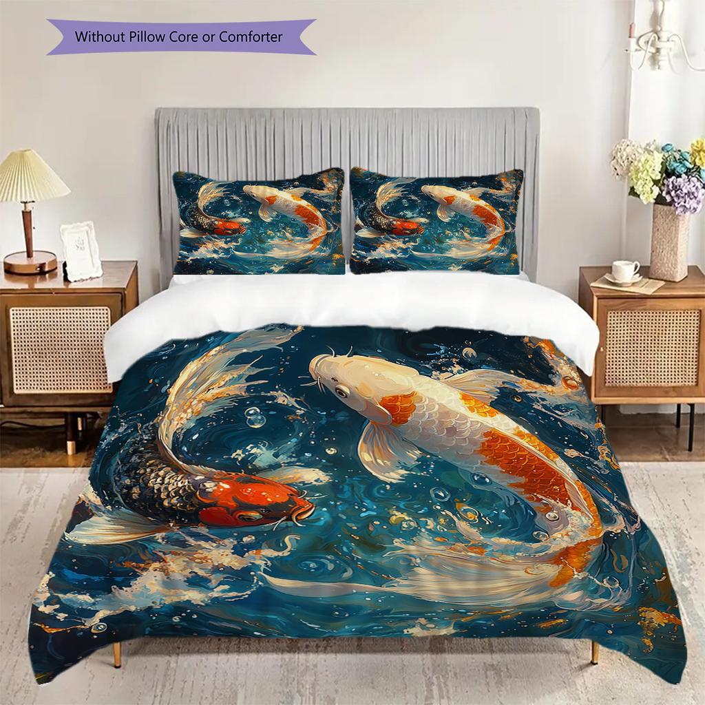 Koi Fish Pattern Bedding Quilt Set Quilt Cover Pillowcase Home Decoration Birthday Gift (1 * duvet cover + 2 * pillowcase, without core)