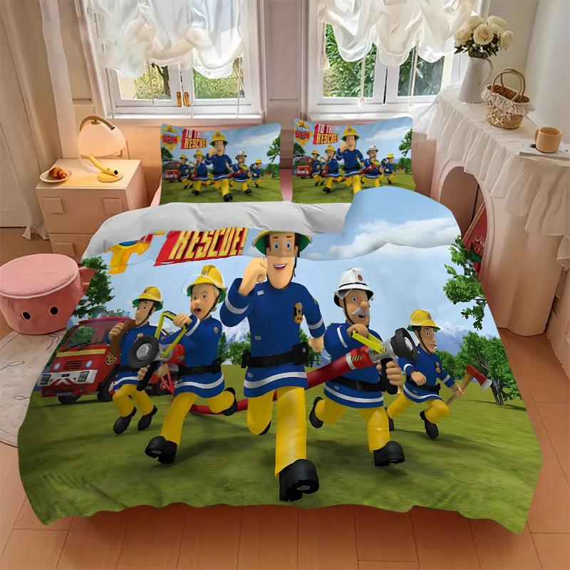 Fireman Sam Rescue Mission Print 3Pcs Bedding Setduvet Cover With 2 Bedropillowcase Home Birthday Gift