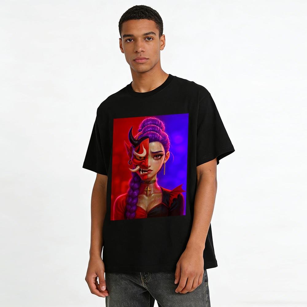 Half-faced Oni Princess Print Top Edgy Subculture Streetwear Unisex Niche Design T-Shirt Pure cotton T-shirt