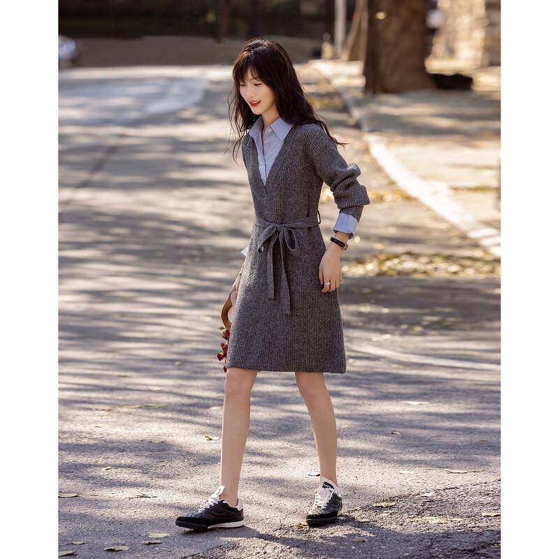 Demana Winter Faux 2-Piece Colorblock Wool Blend A-Line Dress with Belt