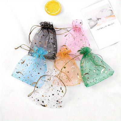 100pcs Random Color Silk Bag, Hot Stamping Star, Moon, Transparent Organza Mesh, Silk Bag, Jewelry, Gift Packaging, Candy Bag.