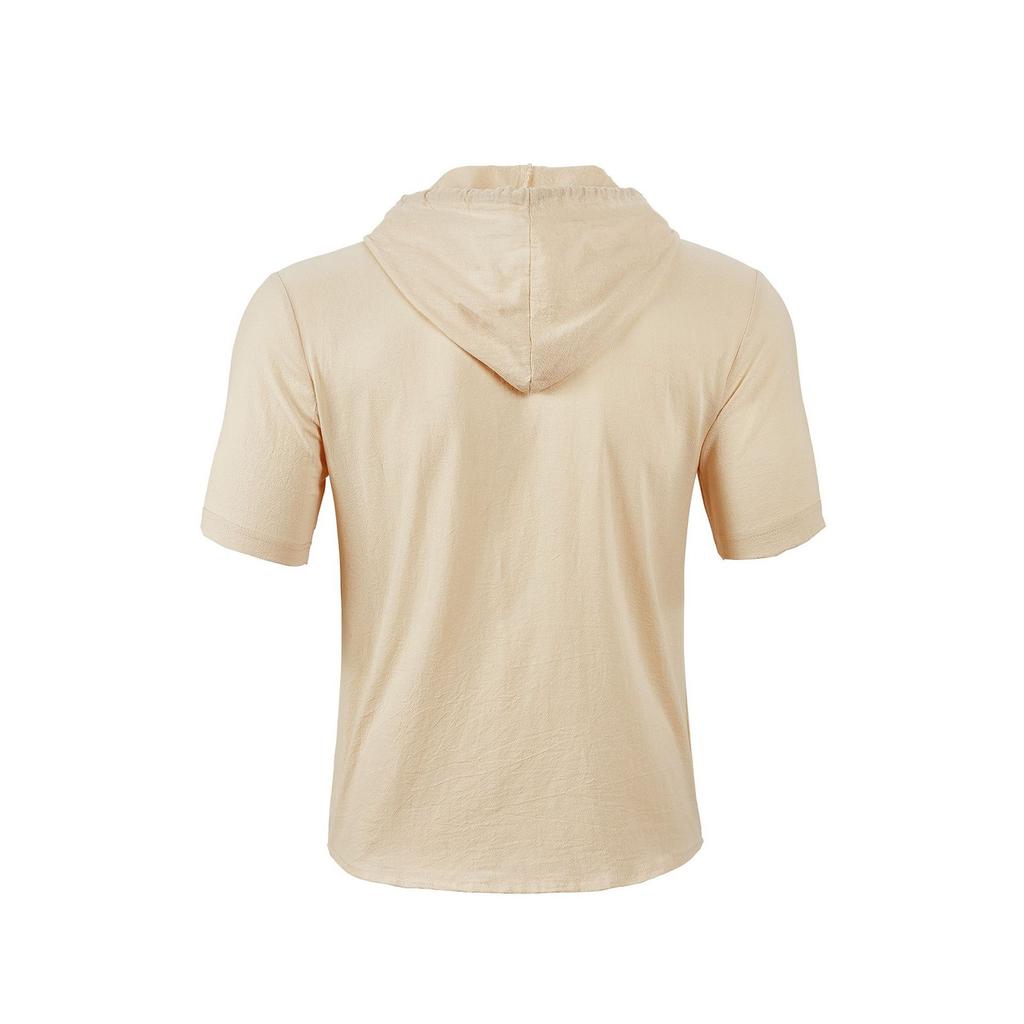 Men's Solid Color Cotton And Linen Short-sleeved Shirt Cardigan Loose Hooded Top