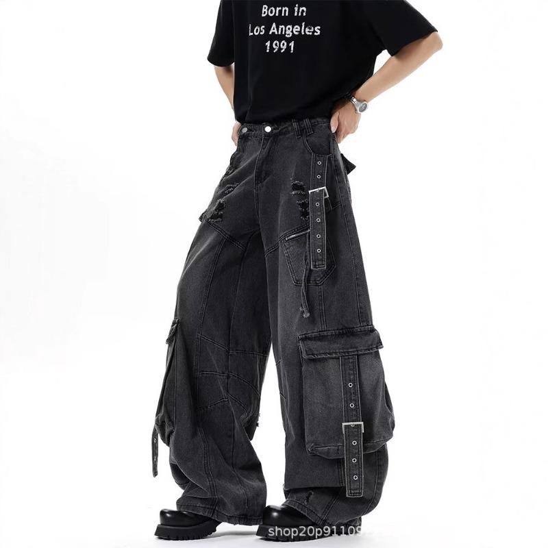 Heavy Deconstruction Streamer Tooling Jeans Men's and Women's Autumn High Street Multi-pocket Ripped Wide-leg Pants