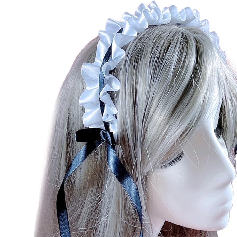 Girls Ruffles Lace Necklace with Pearl Chain Pendant Ribbon Bows Earrings Hair Clips Handmade Lolita Hair Ornaments
