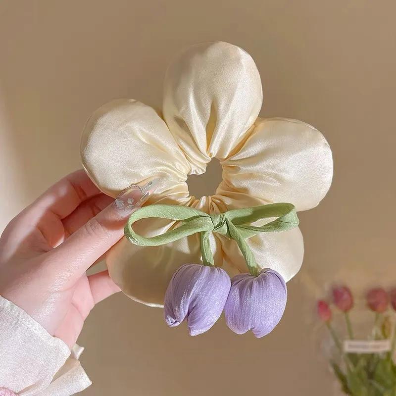 Essenziali Primaverili Tessuto Grande Fiore Corda per Capelli per Donna Moda Fiocco Frangia Tulipano Elastici per Capelli Ragazza Carina Non Danneggia i Capelli