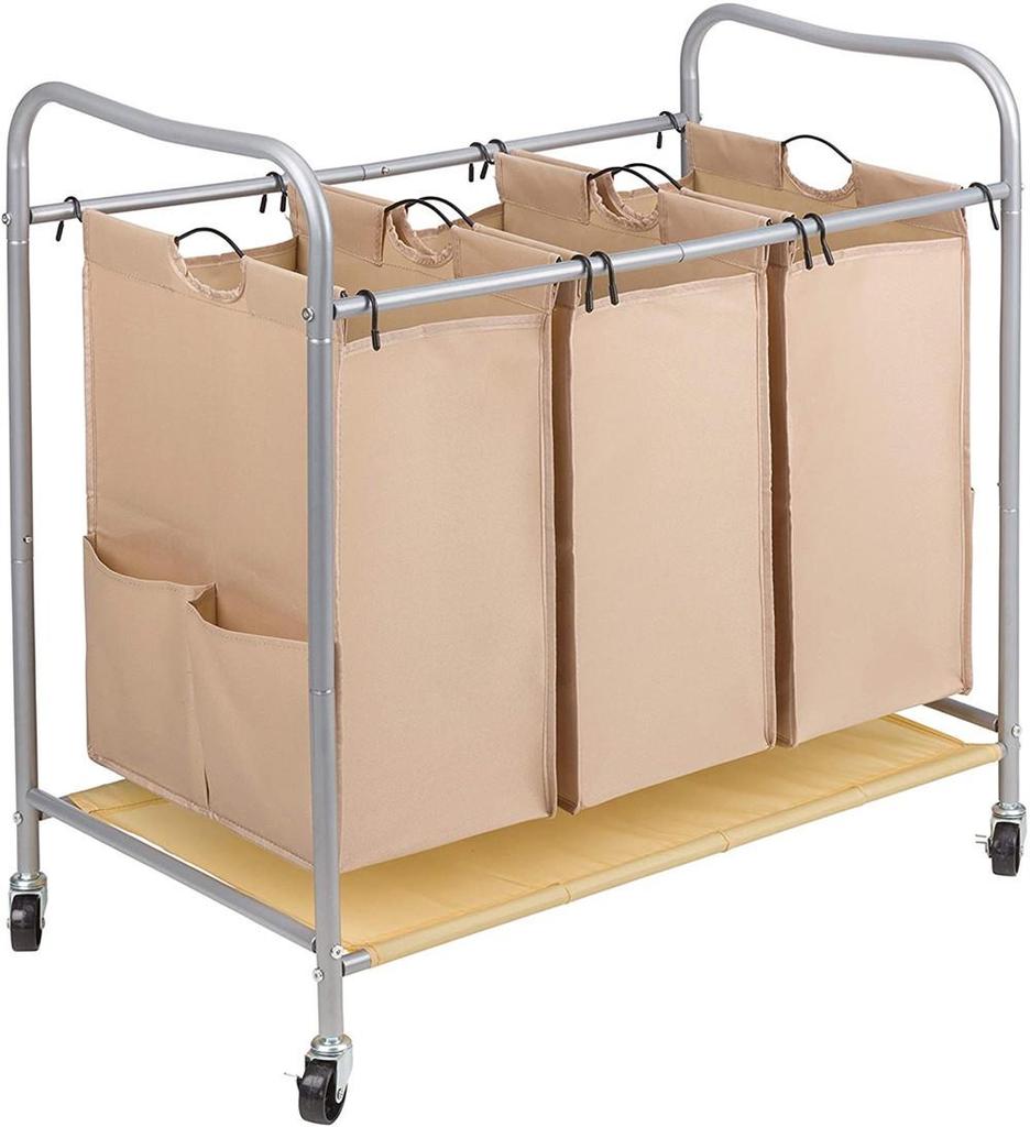 Large Oxford Cloth Laundry Basket with Three Compartments and Wheels for Easy Sorting and Mobility