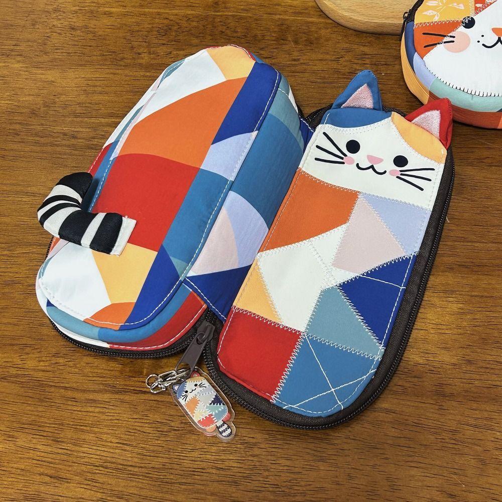 Portable Patchwork Pencil Case Cat Large Capacity Pen Bag Stationery Pouch School Supplies