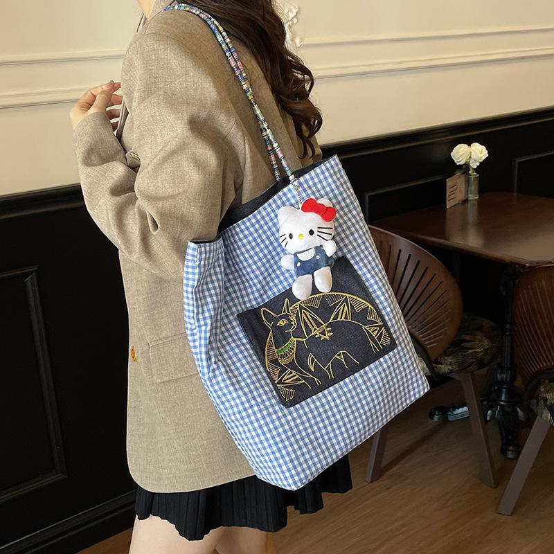Fresh plaid double-sided cloth bag women's casual versatile shoulder bag large-capacity commuter tote bag
