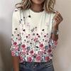 Round Neck 3D Flower Printed Top Casual Long Sleeved Women's T-shirts - Soft Medium Stretch Polyester Fabric Spring and Autumn Relaxed Fit Clothing