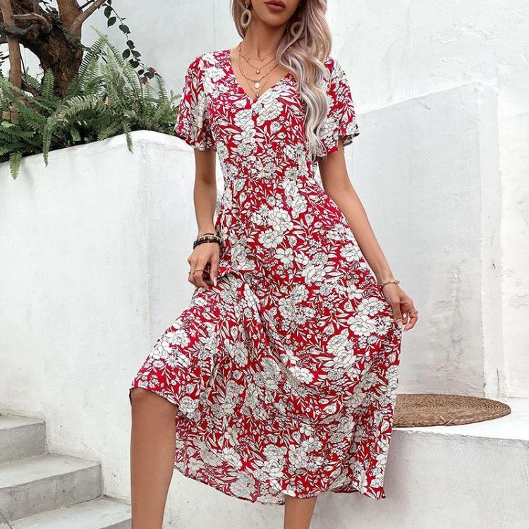American European Women Summer Holiday Floral Mid Length Fashion Dress