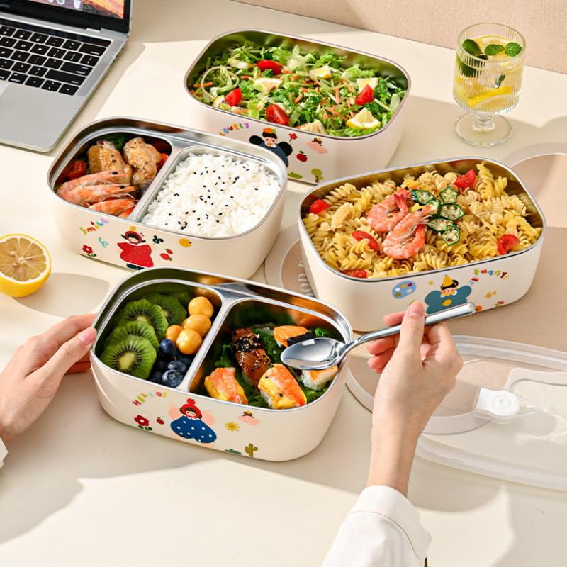 1Pcs Cartoon Pattern Heat Preservation Lunch Box Microwaveable Stainless Steel Partitioned Lunch Box For Student Office Use