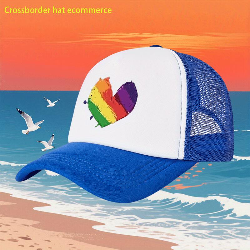 Rainbow Heart Print Breathable Mesh Trucker Hat Adjustable Polyester Casual Baseball Cap for Adults