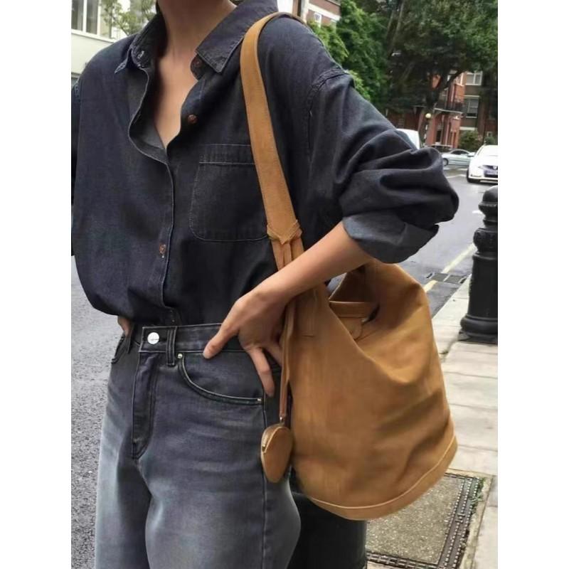 Soft Suede Bucket Bag Women Men - Casual Unisex Shoulder Handbag With Stitched Detail Large Size Yellow Brown