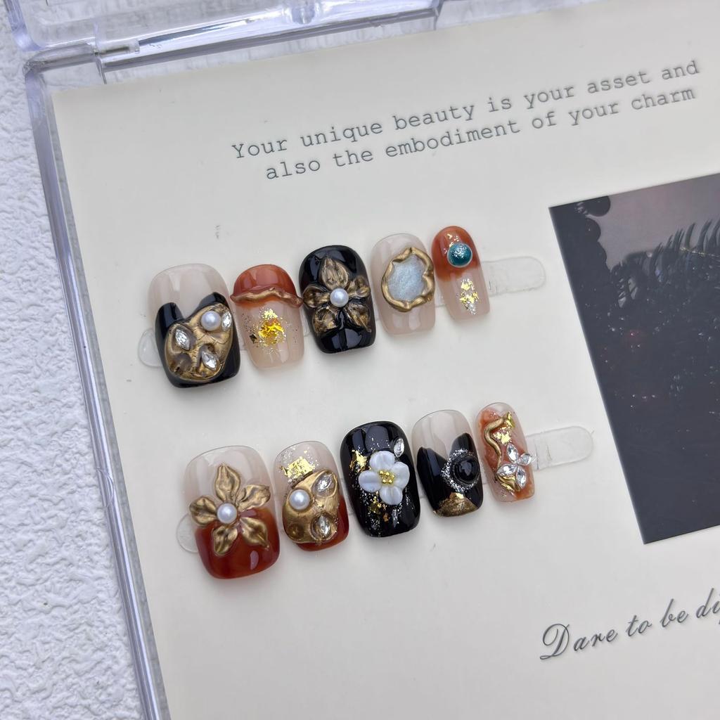 10pcs Amber Cat Eye Press On Nails Gold Glitter Short Square Fake Nails Brown Gradient Vintage Autumn Winter