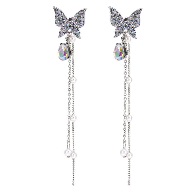 Lady Charm Shiny Butterfly Rhinestones Drop Dangle Earrings Tassel  Women Long Pearl Tassel Chain Ear Stud