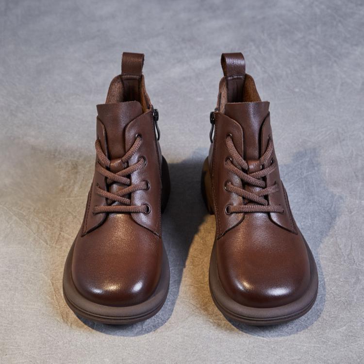 Johnature Botas de couro genuíno estilo britânico com cadarço e sola macia, botas curtas, sapatos femininos de cor sólida