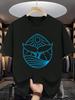 Men's Casual Ocean-Themed Graphic T-Shirt - Whale Tail and Sun Wave Line Art Print, Short Sleeve, Crew Neck, Slight Stre
