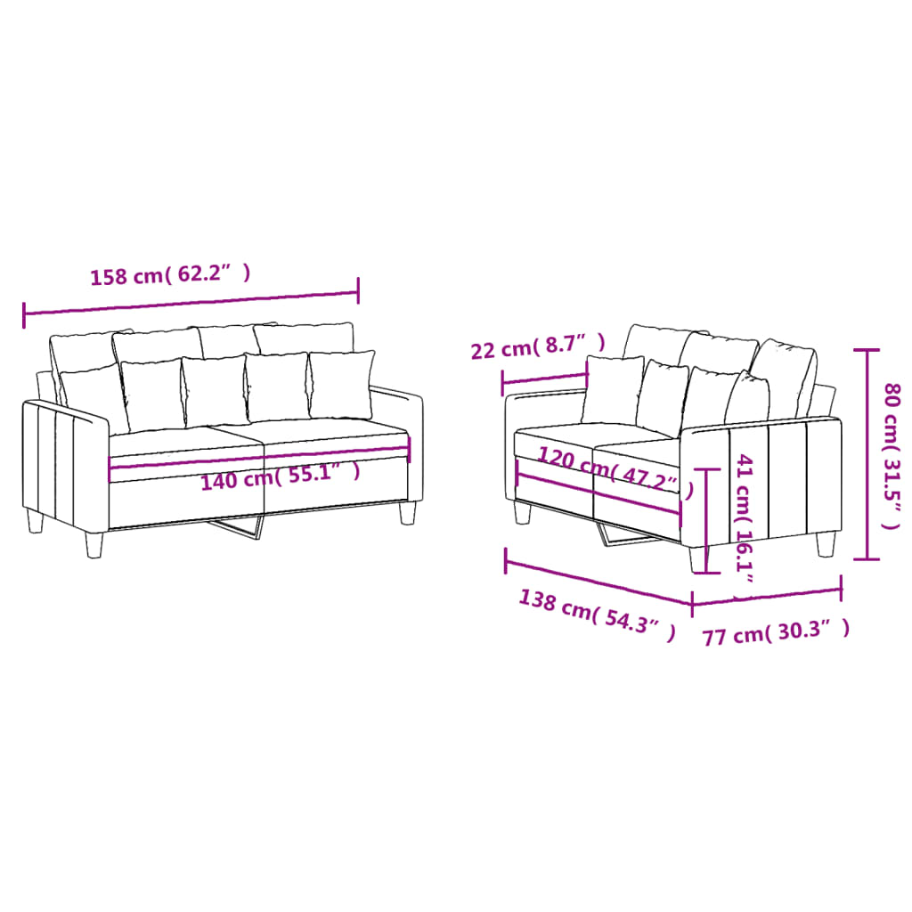 2 Piece Cream Fabric Sofa Set with Cushions