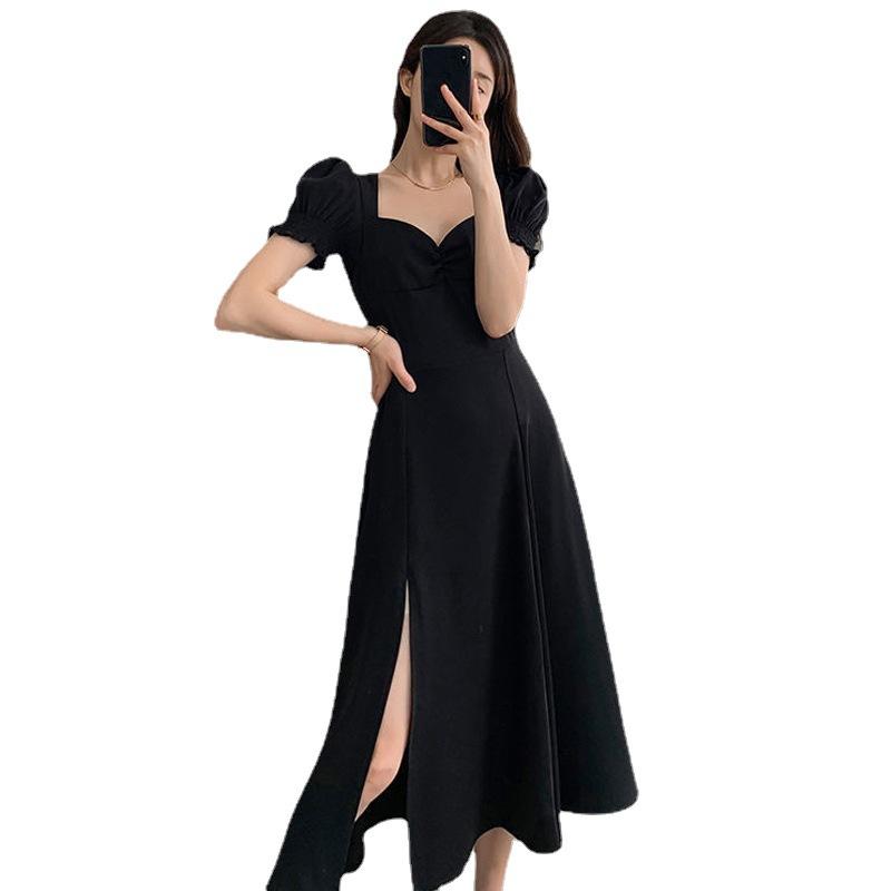 Square Neck Bubble Sleeve Split Black Dress Women's Summer New French Design Niche Long Dress