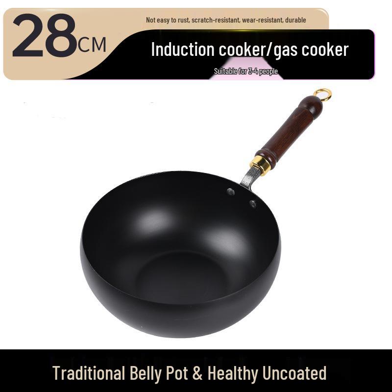 Zhangqiu Handgefertigter Antihaft-Eisen-Wok: 24CM Wok mit großem Bauch zum Pfannenrühren, für Gerichte, zum Schmoren & für Suppe.