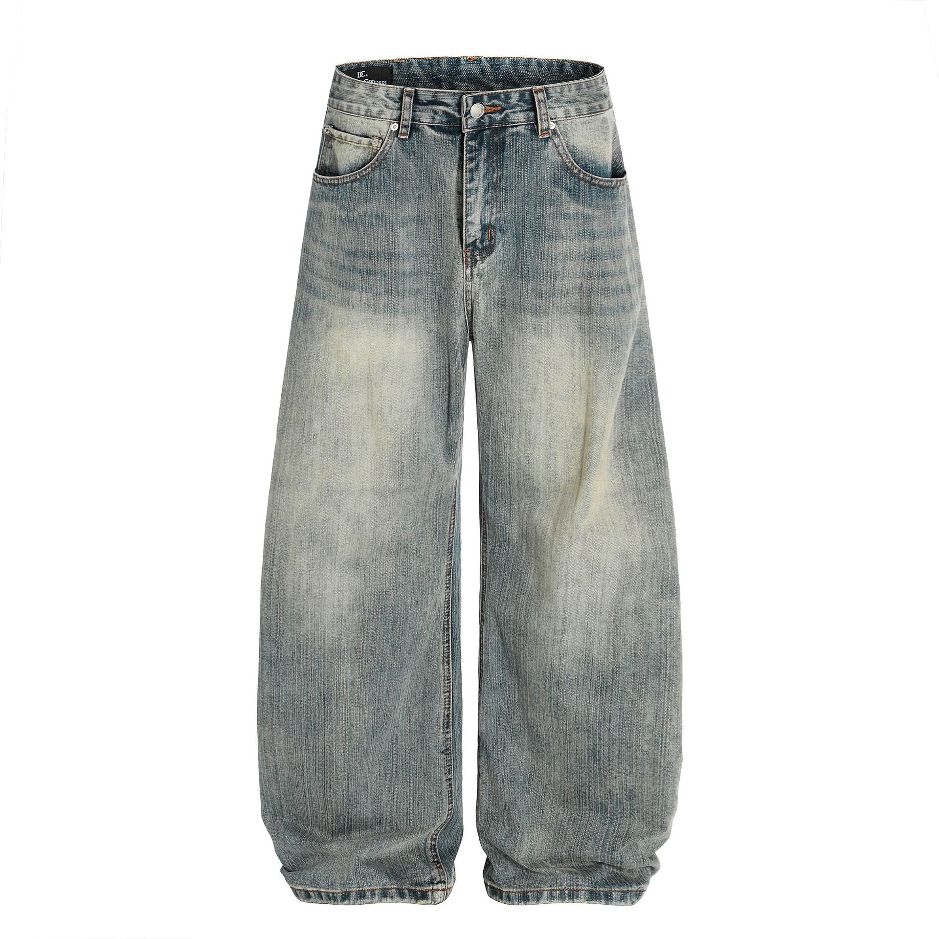 Men s high street American scimitar pants retro washed jeans men s vibe wide leg pants S
