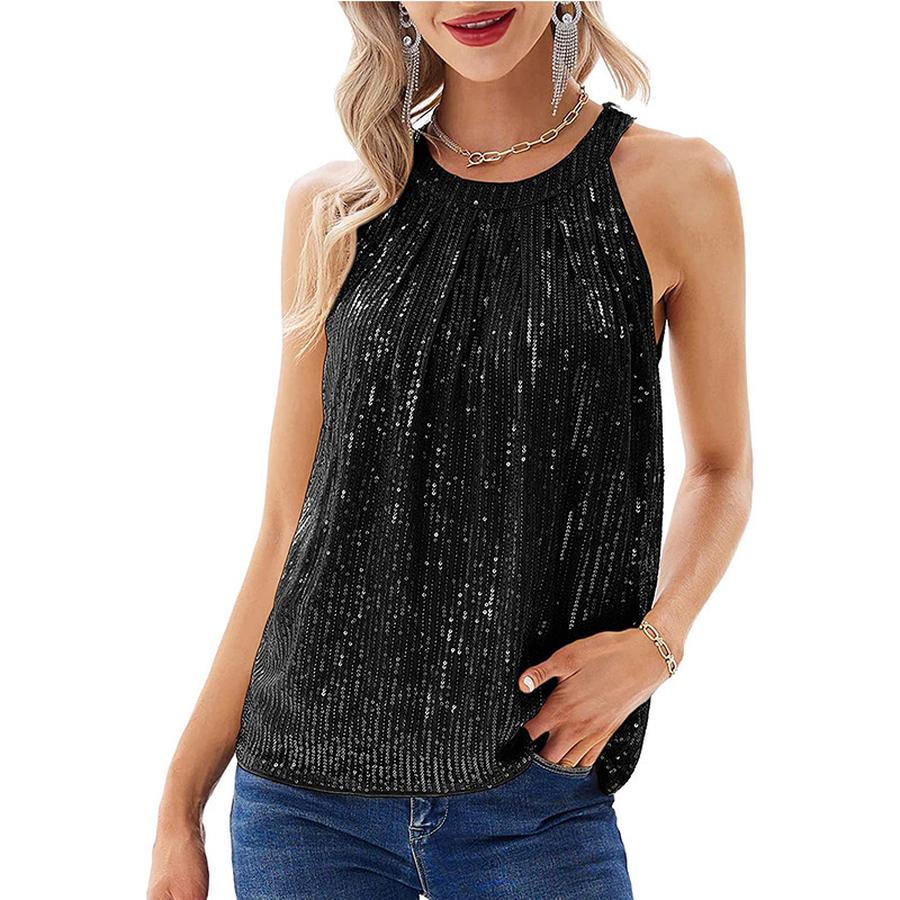 Summer New Solid Hanger Neck Style Women's Shiny Sequins Soft Stretch Backless Vest