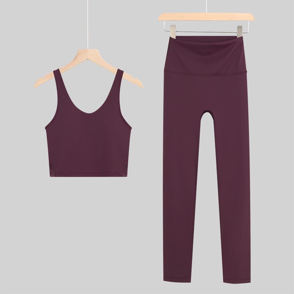 Lulu U-Back Sports Tank & 9-Point Yoga Pants Set with Bare-Feel Push-Up Bra for Women's Fitness